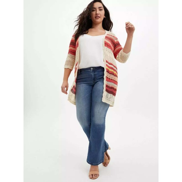 torrid Sweaters - Torrid Open Knit Stripe Crochet Boho Duster‎ Cardigan Sweater Size 3